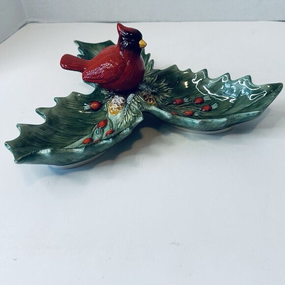 Christmas Traditions Cardinal Holly Ceramic Dish Holiday Red/Green 10" VTG - Picture 8 of 16